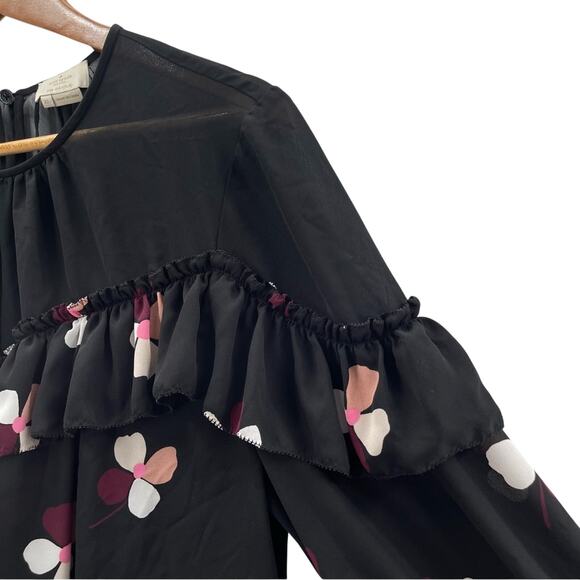 Kate Spade Live Colorfully Black Dusk Buds Ruffle Flowy Blouse Size XL - Picture 9 of 16